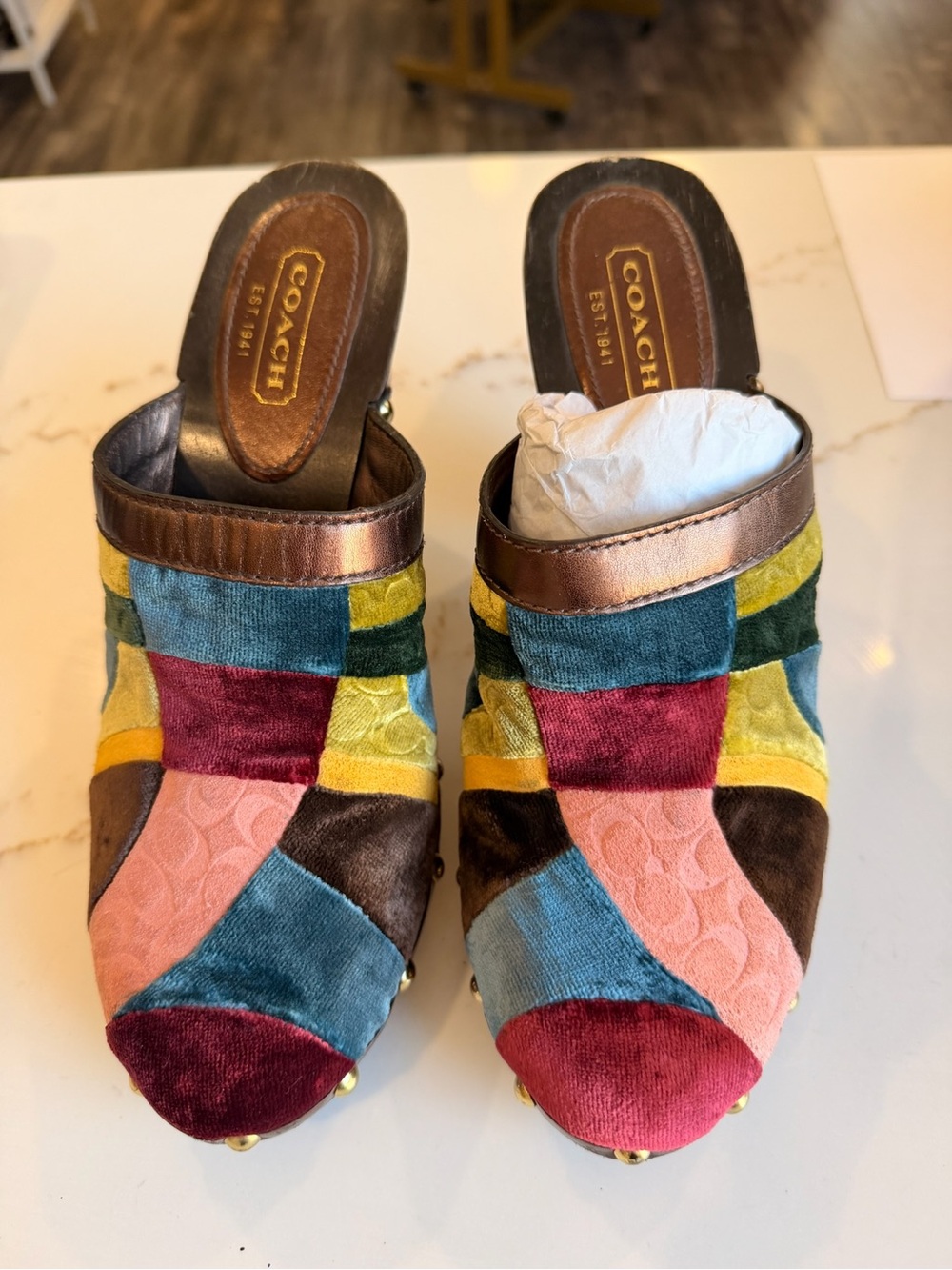 Coach Multicolor Velvet Patchwork Mules with bronze Metallic Trim